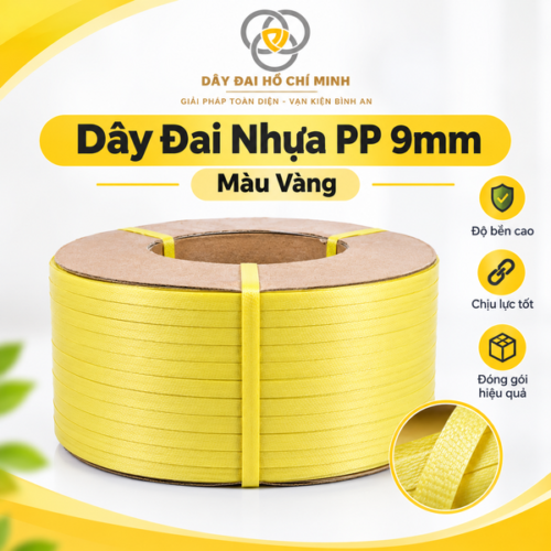 Dây đai nhựa PP 9mm màu vàng là sản phẩm chuyên dùng để đóng gói, cố định thùng carton và kiện hàng. Với thiết kế dạng cuộn tiện lợi, dây đai hỗ trợ đóng gói hàng hóa gọn gàng, chắc chắn, phù hợp cho kho bãi, nhà xưởng, cơ sở sản xuất và vận chuyển hàng hóa.