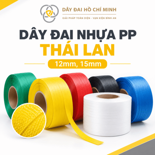 Dây đai nhựa PP Thái Lan khổ 12mm và 15mm với nhiều màu sắc, phù hợp cho nhu cầu đóng gói hàng hóa.