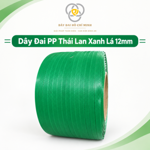 Dây đai PP Thái Lan xanh lá 12mm có độ bền cao, phù hợp đóng gói, cố định hàng hóa và kiện hàng trong kho bãi, nhà xưởng. Sản phẩm có màu xanh lá nổi bật, hỗ trợ đóng gói hàng hóa gọn gàng, chắc chắn và chuyên nghiệp.