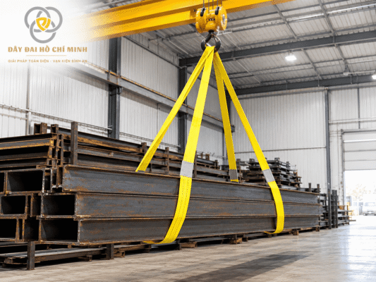 Dây cáp nâng hàng chất lượng cao được sử dụng trong nâng hạ và vận chuyển hàng hóa nặng. Dây đai vải bản dẹt màu vàng có độ bền cao, hỗ trợ nâng hạ thép, vật liệu xây dựng và hàng hóa công nghiệp bằng cầu trục, pa lăng. Dây Đai Hồ Chí Minh cung cấp giải pháp dây đai phục vụ nhu cầu nâng hạ và vận chuyển hàng hóa.