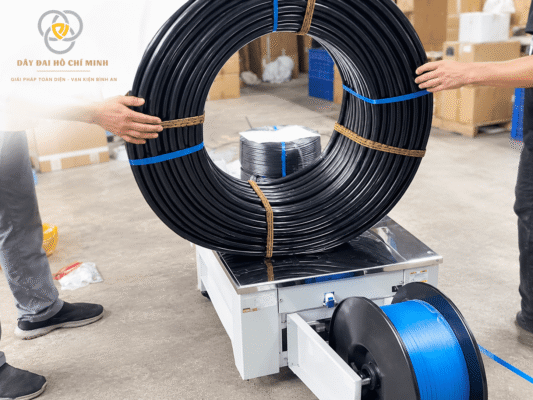 Hình ảnh thực tế cuộn dây đai và máy đóng đai bàn thấp tại kho hàng