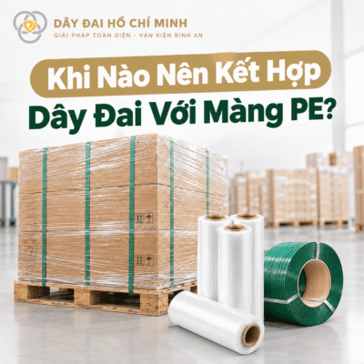 Kết hợp dây đai với màng PE để cố định pallet hàng hóa, hạn chế xê dịch và bảo vệ hàng trong quá trình vận chuyển.