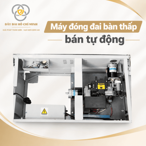 Cấu tạo bên trong máy đóng đai bàn thấp bán tự động với động cơ và bộ phận hàn dây