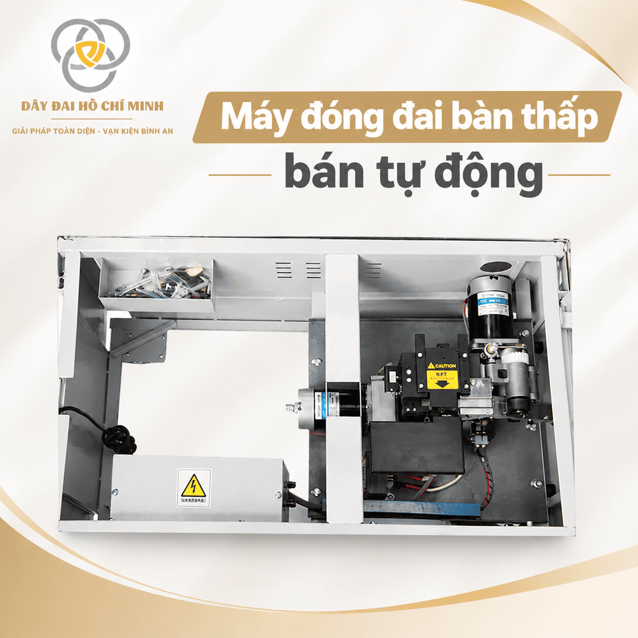 Cấu tạo bên trong máy đóng đai bàn thấp bán tự động với động cơ và bộ phận hàn dây