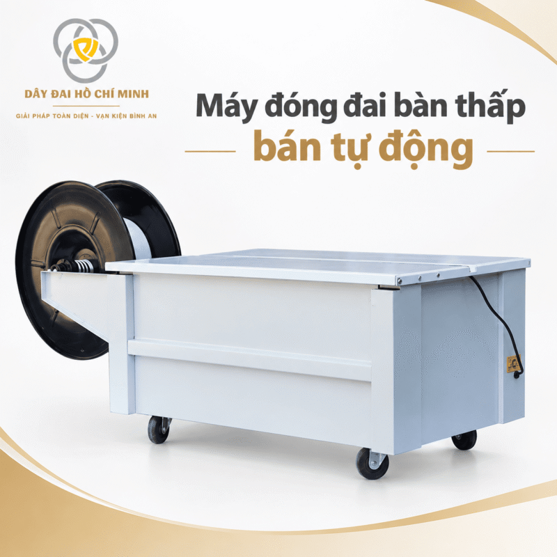 Máy đóng đai bàn thấp bán tự động nhìn từ phía sau với cuộn dây đai