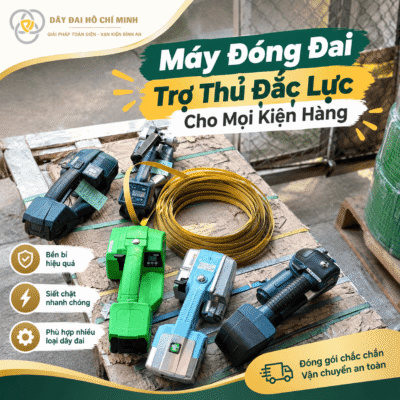 Máy đóng đai chính hãng giúp siết dây đai nhanh, chắc chắn, tiết kiệm thời gian và bảo vệ kiện hàng trong quá trình vận chuyển.