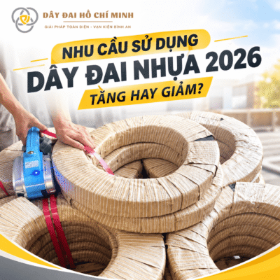Nhu cầu sử dụng dây đai nhựa 2026 trong đóng gói, cố định và vận chuyển hàng hóa. Hình ảnh thực tế dây đai nhựa và dụng cụ đóng đai.