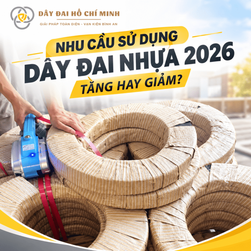 Nhu cầu sử dụng dây đai nhựa 2026 trong đóng gói, cố định và vận chuyển hàng hóa. Hình ảnh thực tế dây đai nhựa và dụng cụ đóng đai.